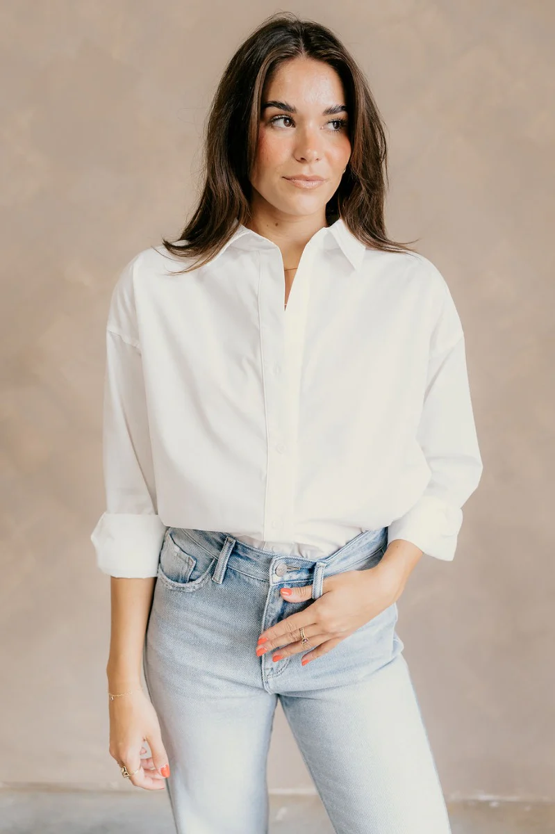 Gia White Button-Up Collared Long Sleeve Top - Image 8
