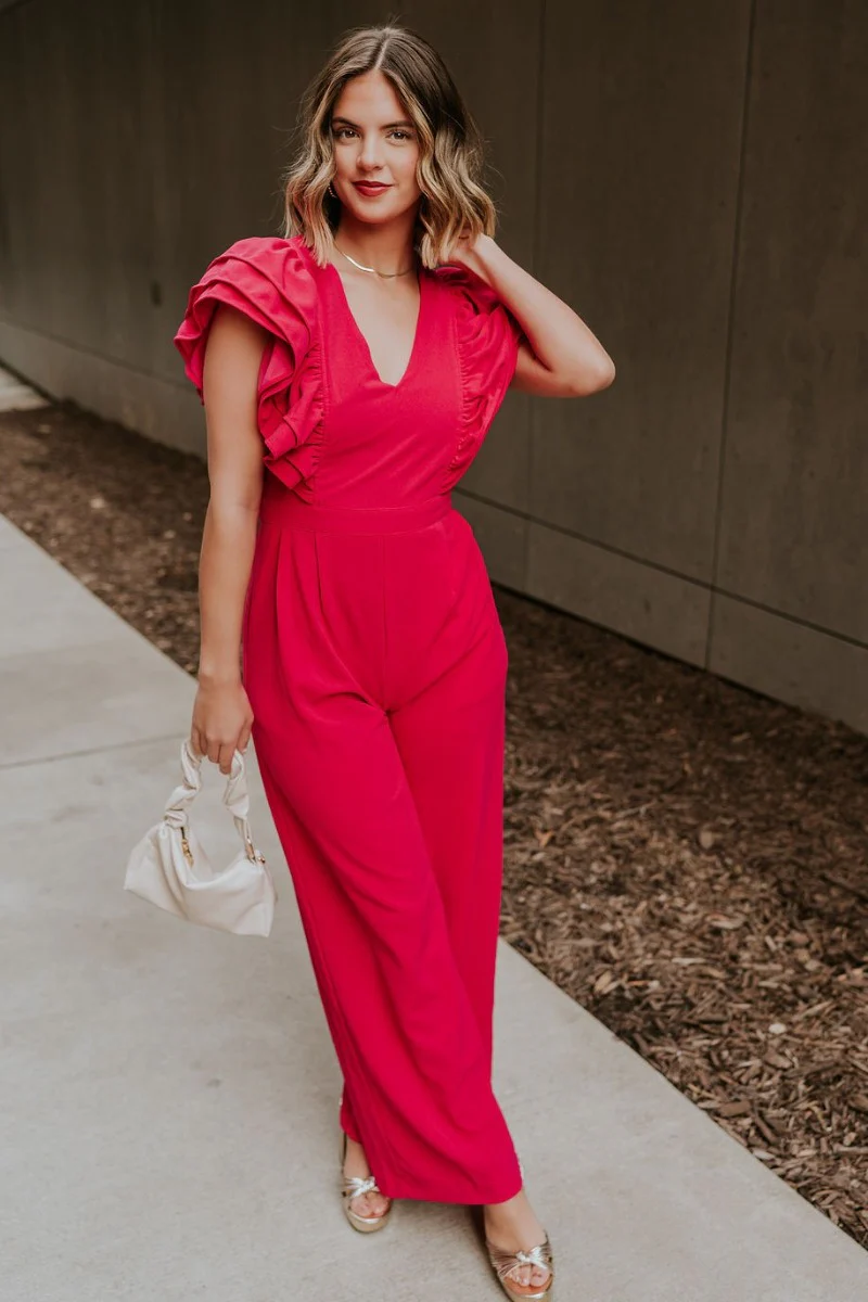 Giana Hot Pink Wide Leg Ruffle Jumpsuit