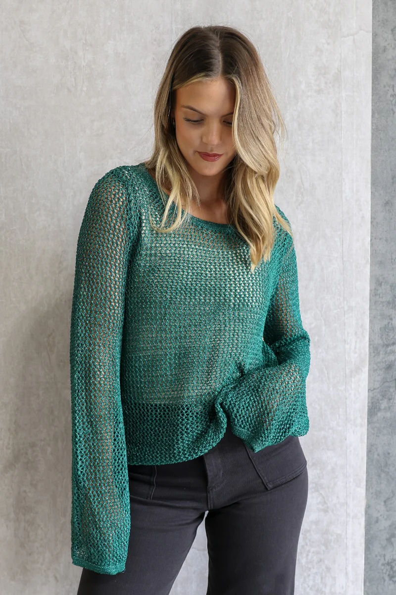 Giana Metallic Emerald Open-Knit Sweater