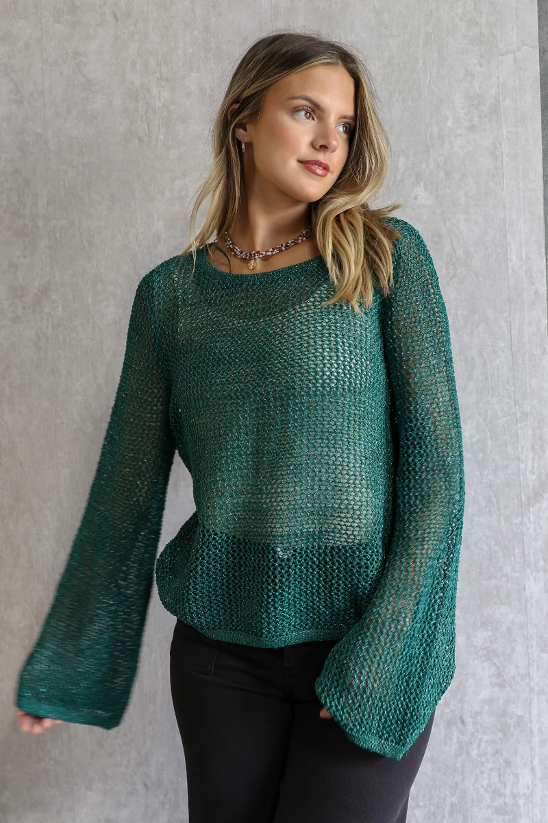 Giana Metallic Emerald Open-Knit Sweater - Image 2