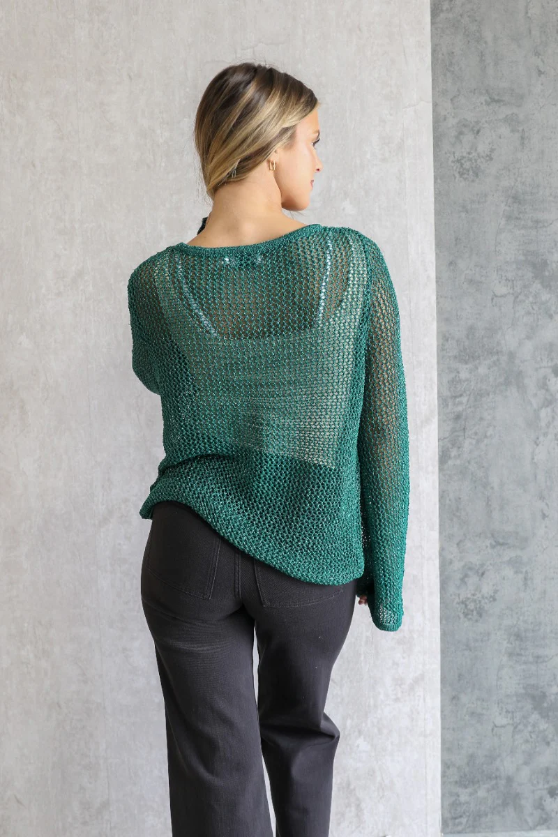 Giana Metallic Emerald Open-Knit Sweater - Image 6