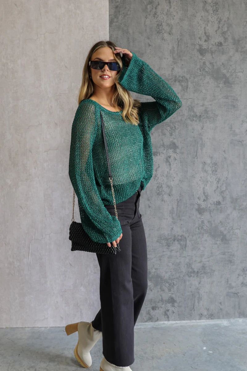 Giana Metallic Emerald Open-Knit Sweater - Image 7