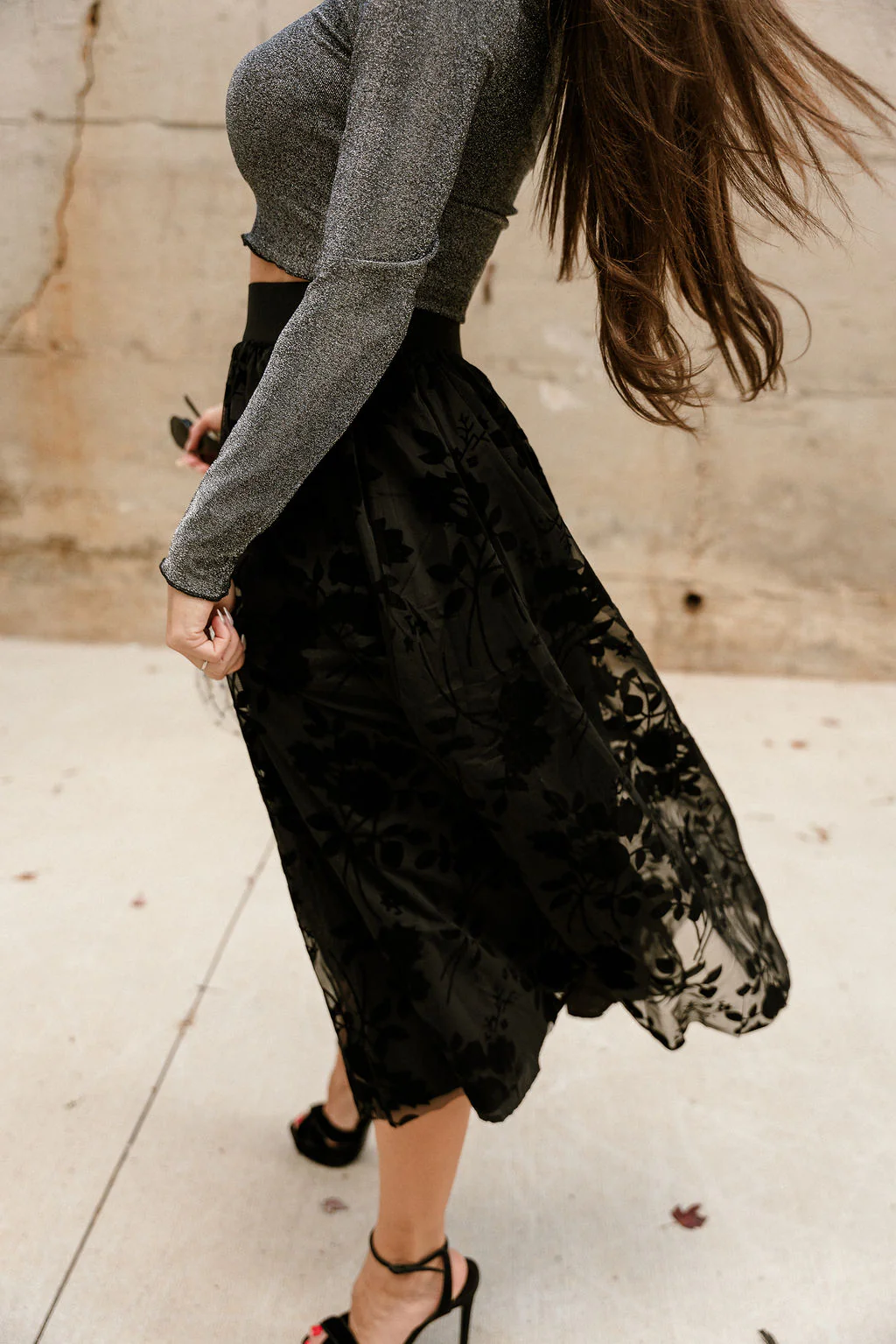 Giselle Black Velvet Floral Midi Skirt - Image 3
