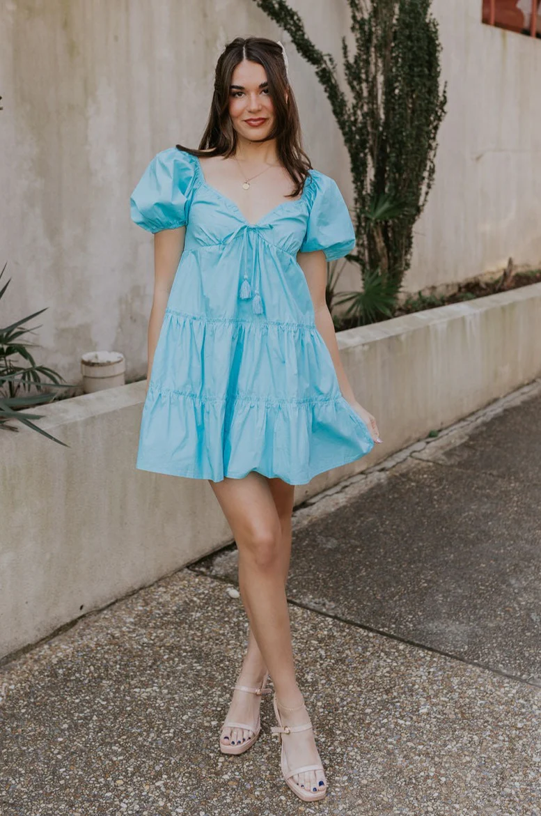 Gloria Light Blue Short Sleeve Mini Dress