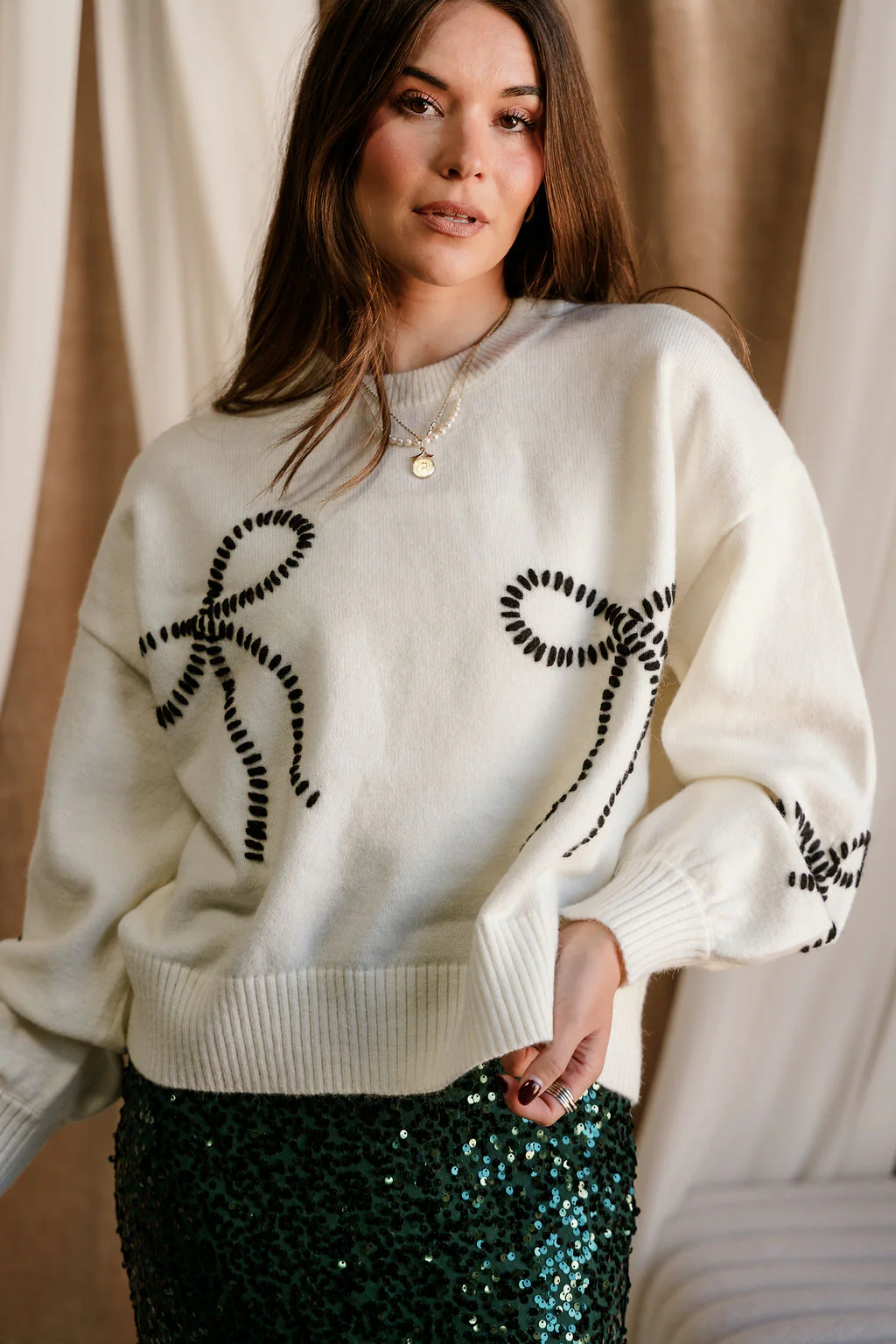 Grace Cream & Black Stitch Bows Sweater - Image 3
