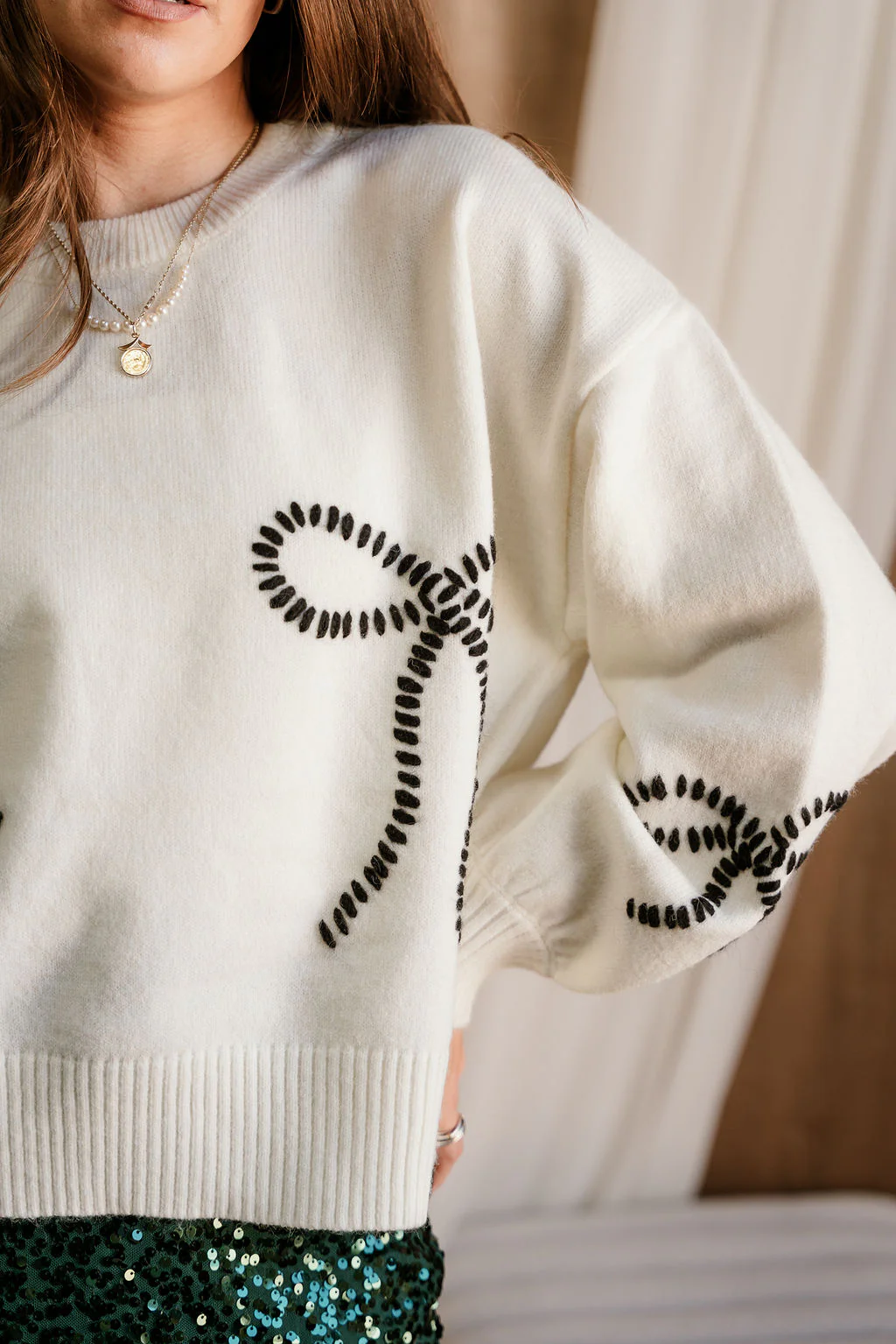 Grace Cream & Black Stitch Bows Sweater - Image 4