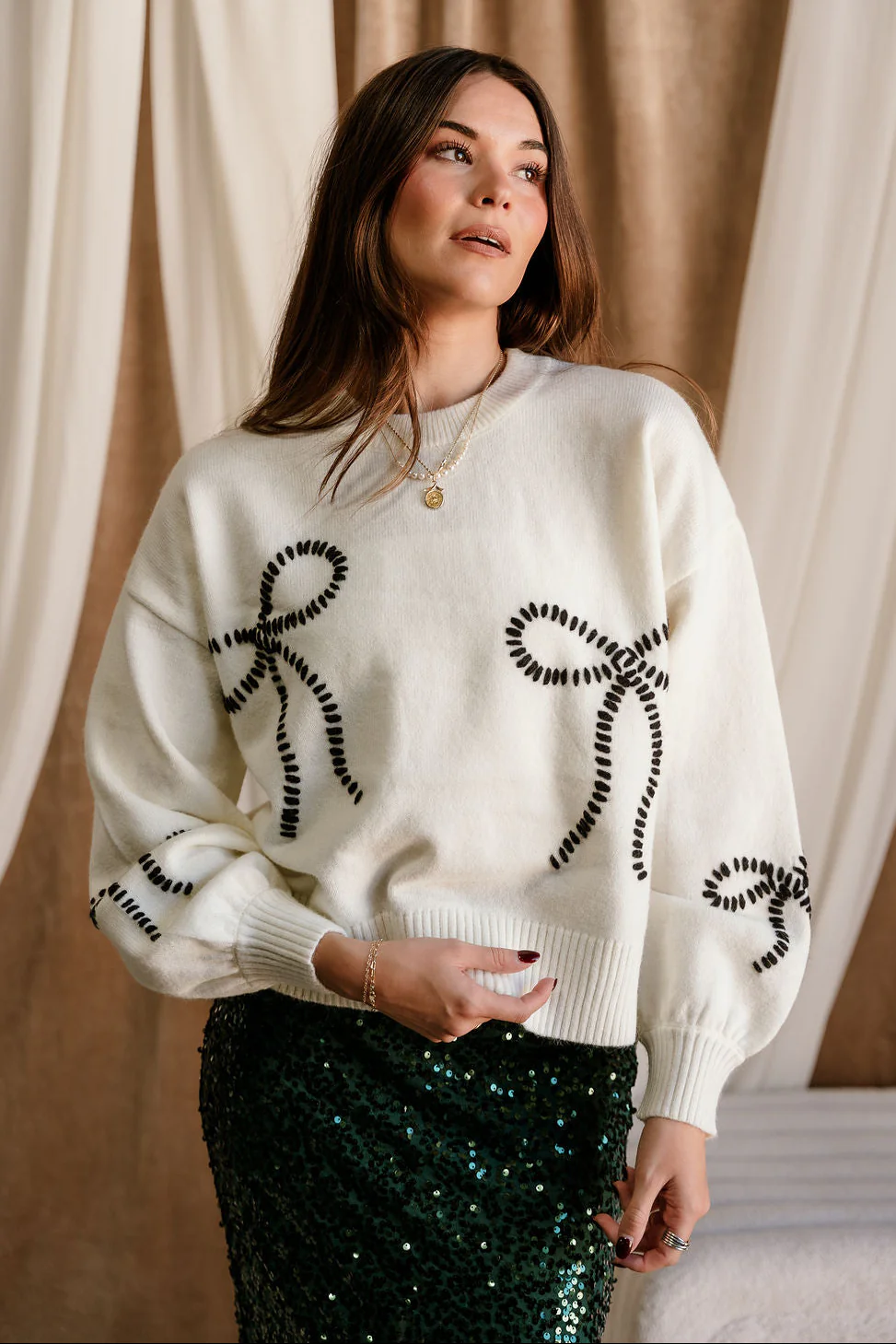 Grace Cream & Black Stitch Bows Sweater - Image 7