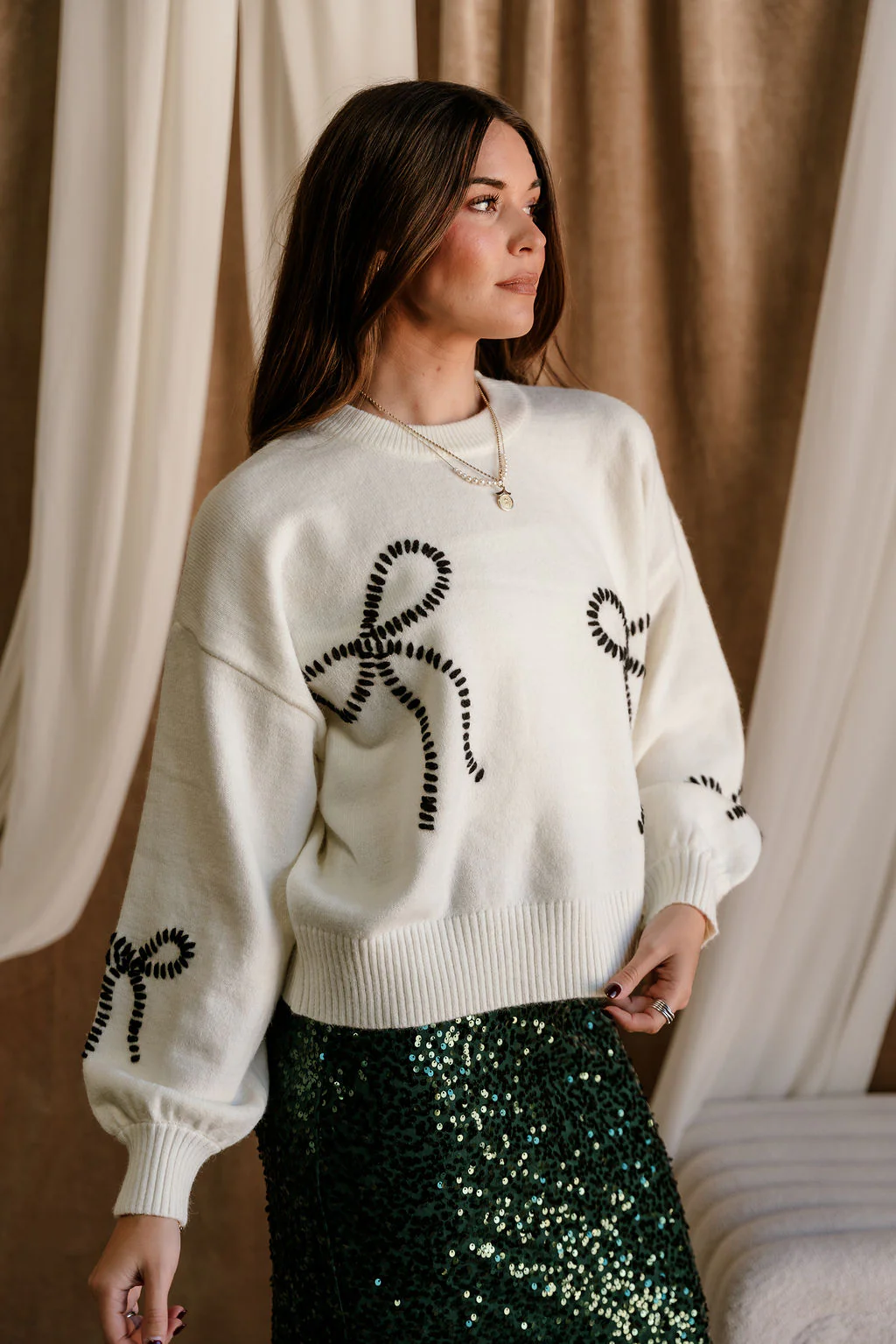 Grace Cream & Black Stitch Bows Sweater - Image 9