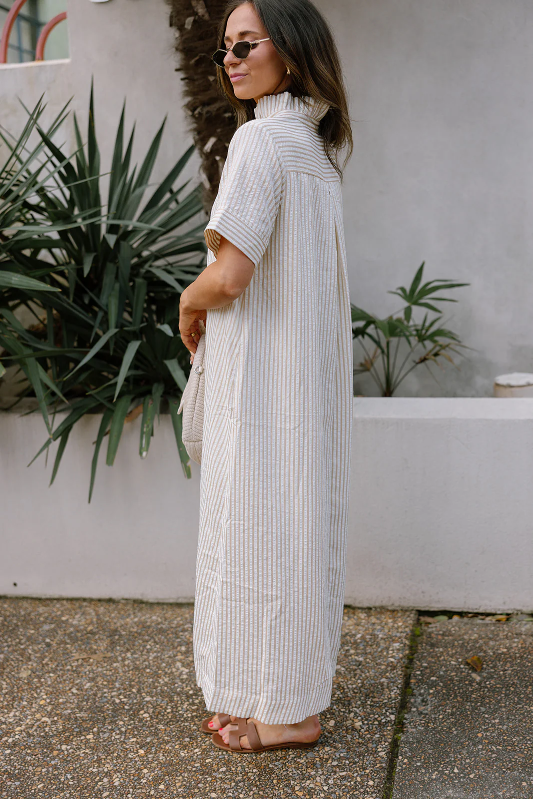 Grace Oatmeal & White Stripe Midi Dress - Image 3