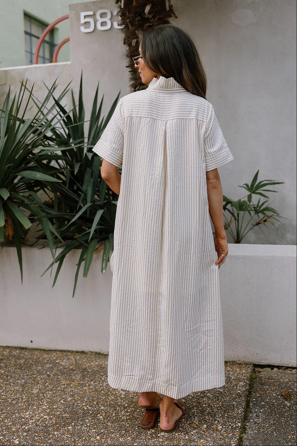 Grace Oatmeal & White Stripe Midi Dress - Image 4