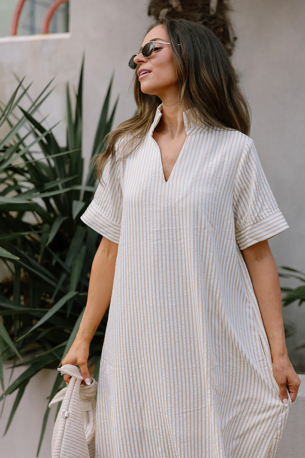 Grace Oatmeal & White Stripe Midi Dress - Image 5