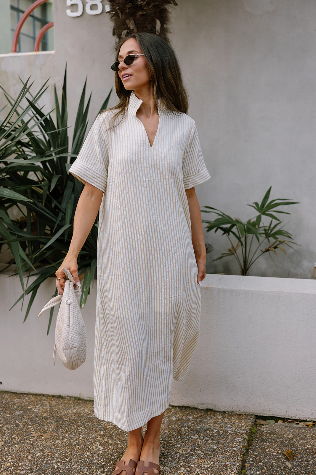 Grace Oatmeal & White Stripe Midi Dress - Image 6