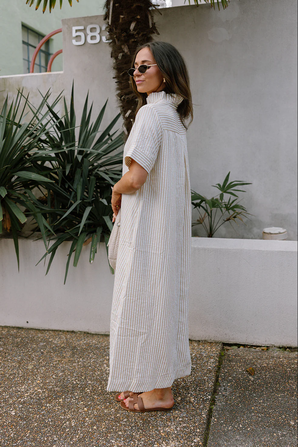 Grace Oatmeal & White Stripe Midi Dress - Image 7