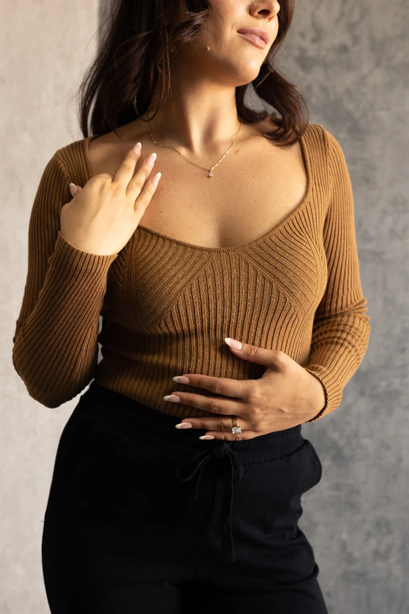 Grace Pale Brown Ribbed Long Sleeve Top