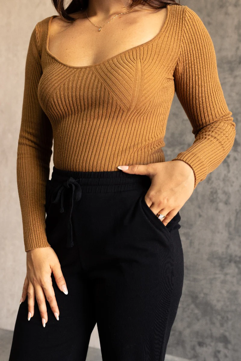 Grace Pale Brown Ribbed Long Sleeve Top - Image 3