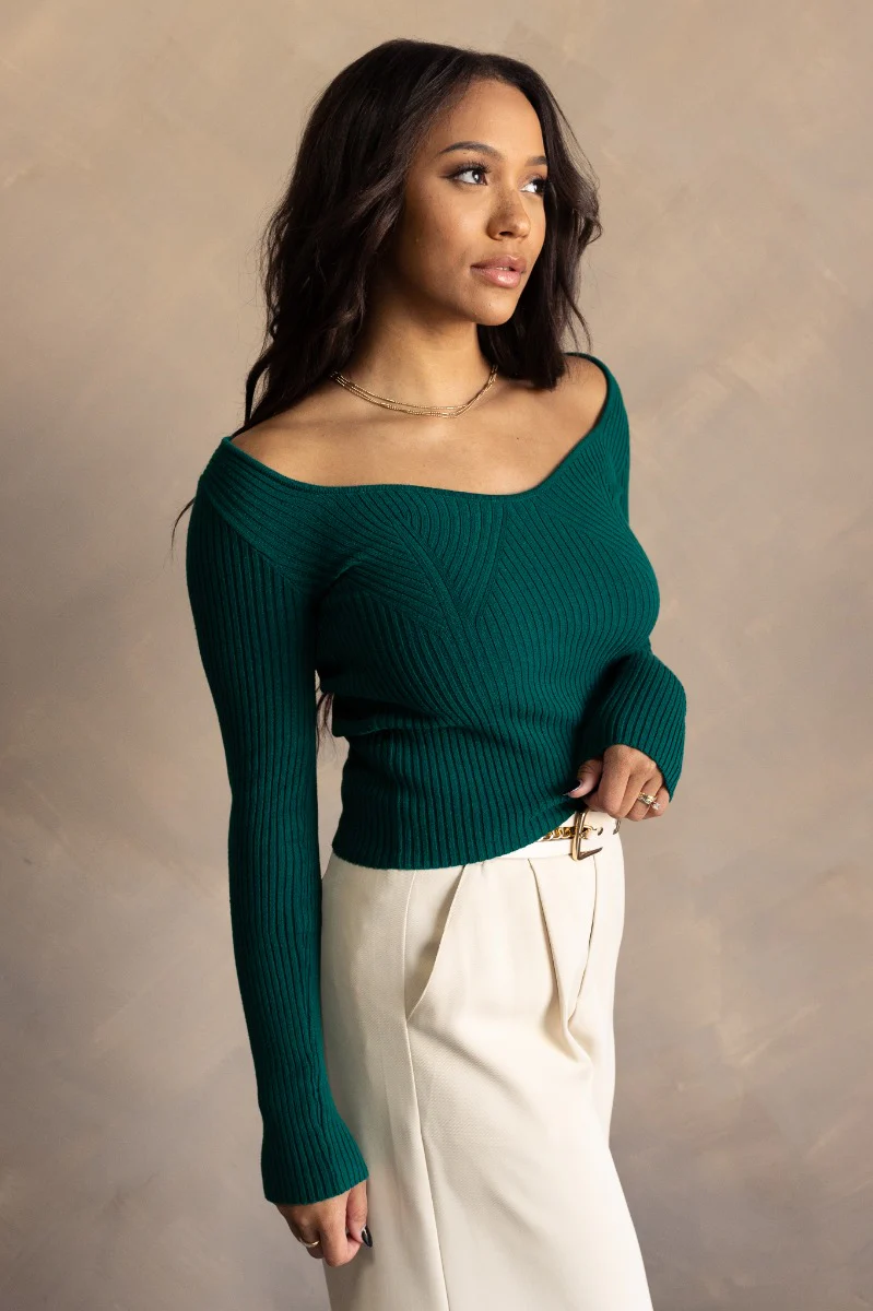 Grace Pine Green Ribbed Long Sleeve Top