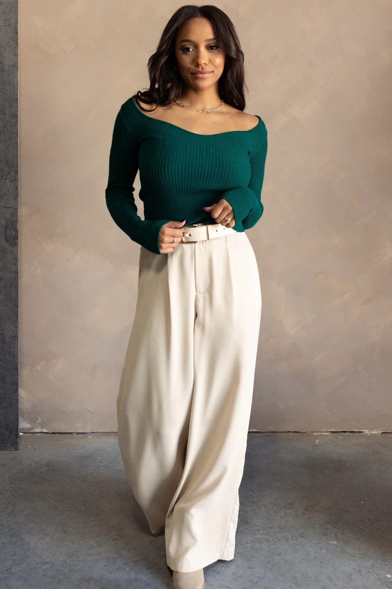 Grace Pine Green Ribbed Long Sleeve Top - Image 2