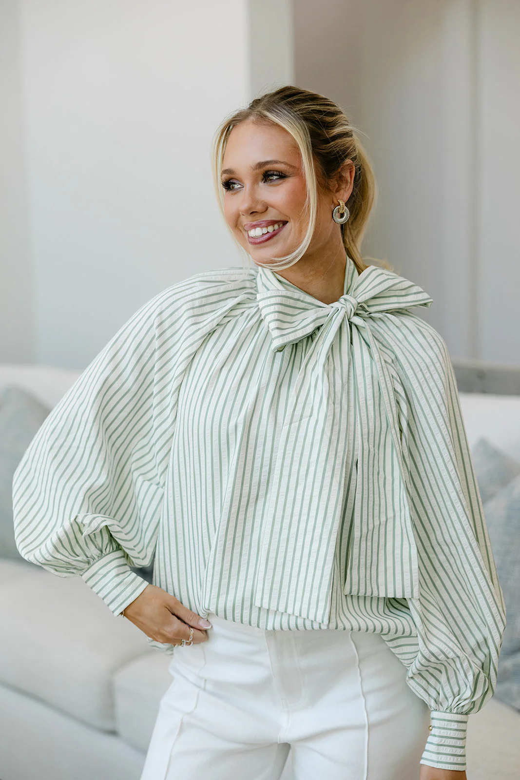 Grace Sage & Cream Bow Neckline Top