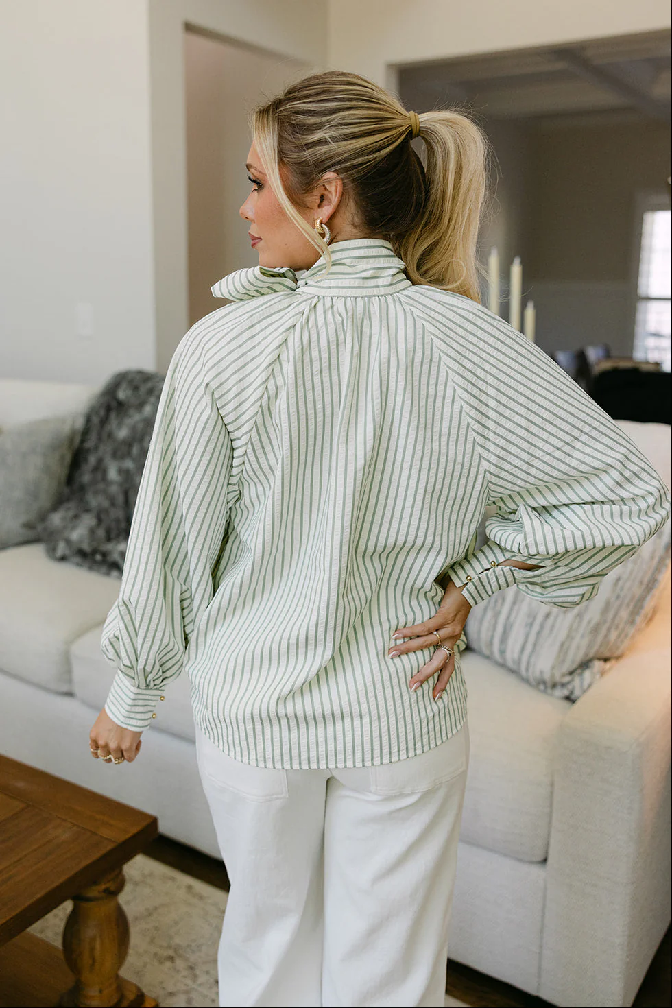 Grace Sage & Cream Bow Neckline Top - Image 4