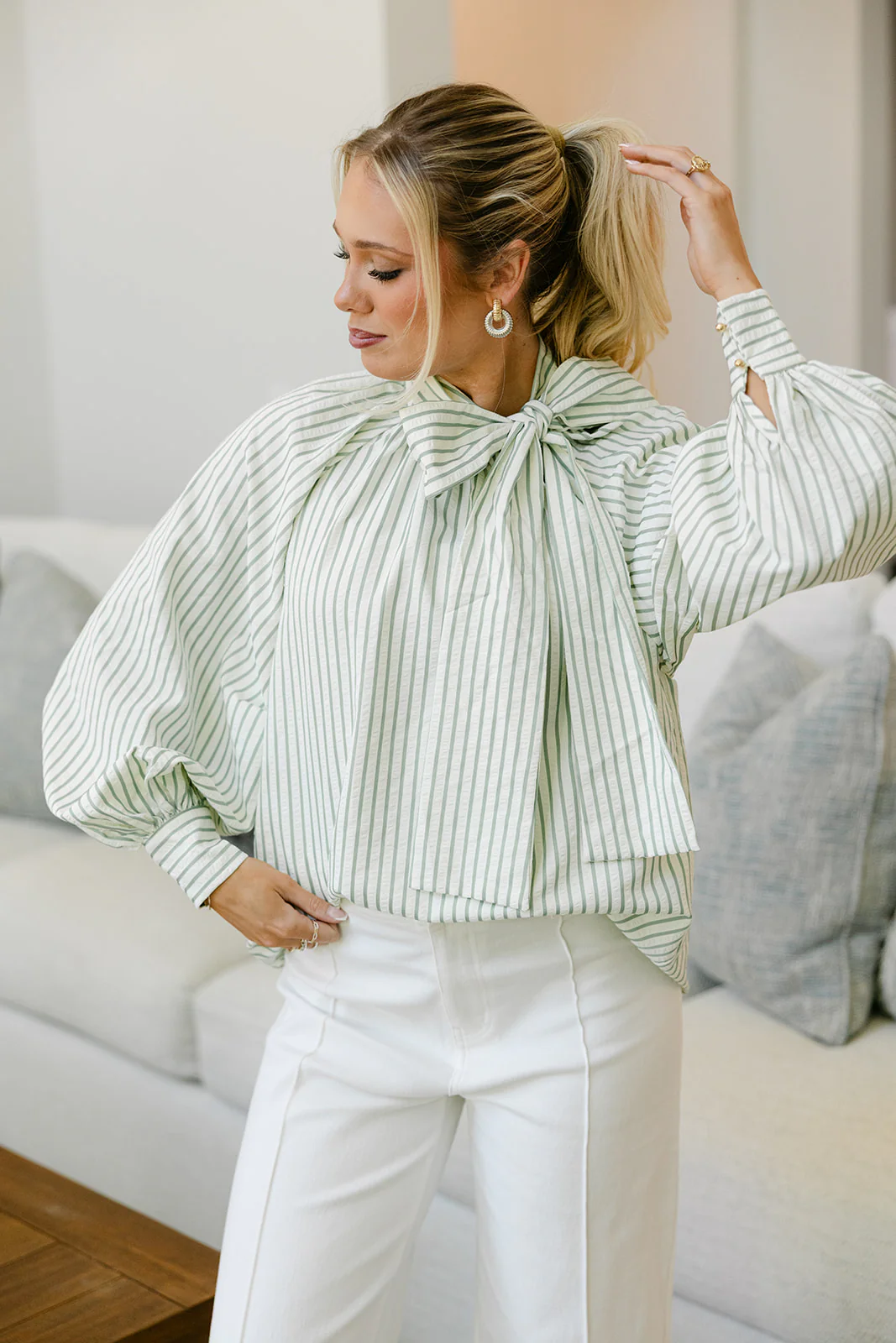 Grace Sage & Cream Bow Neckline Top - Image 5