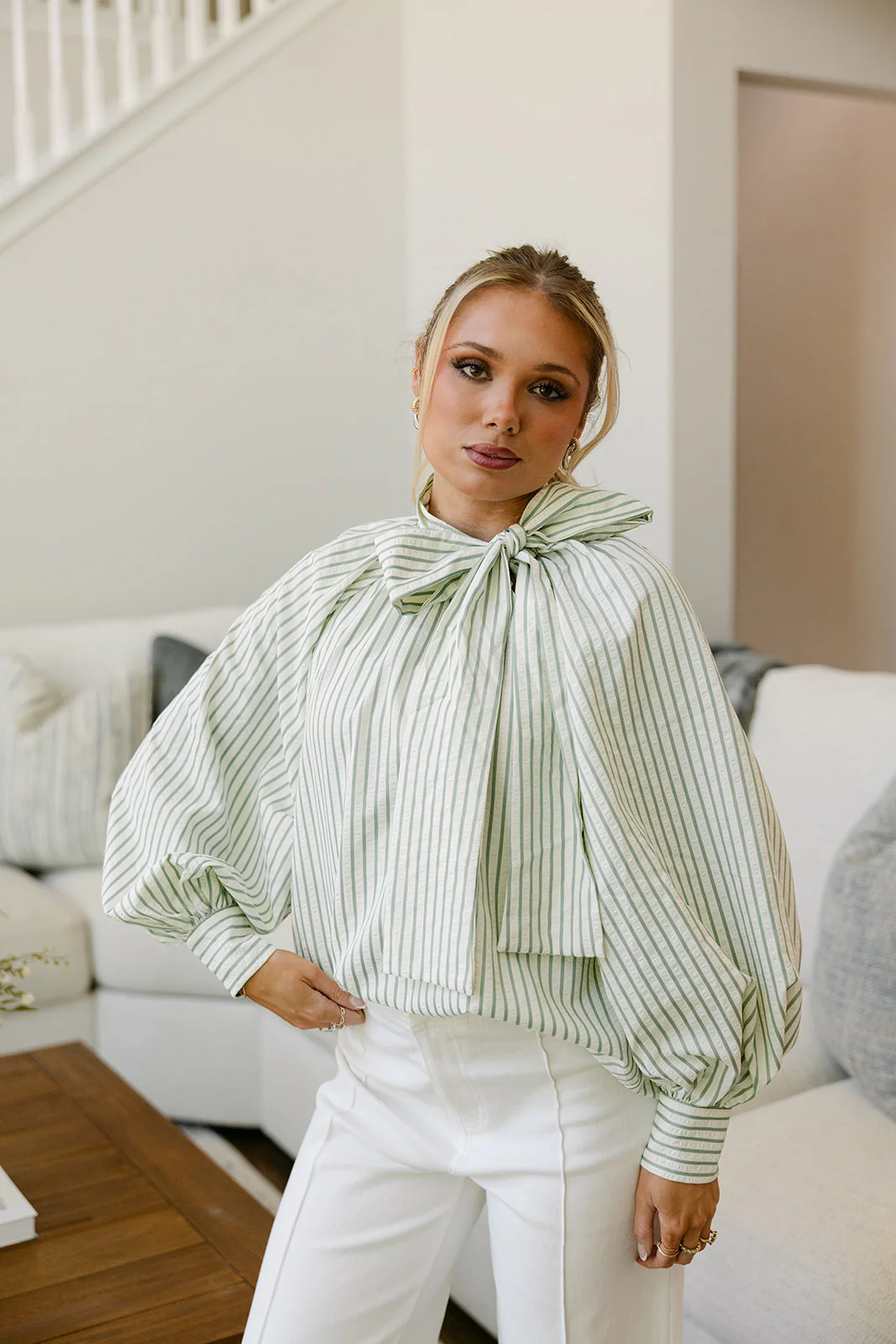 Grace Sage & Cream Bow Neckline Top - Image 6