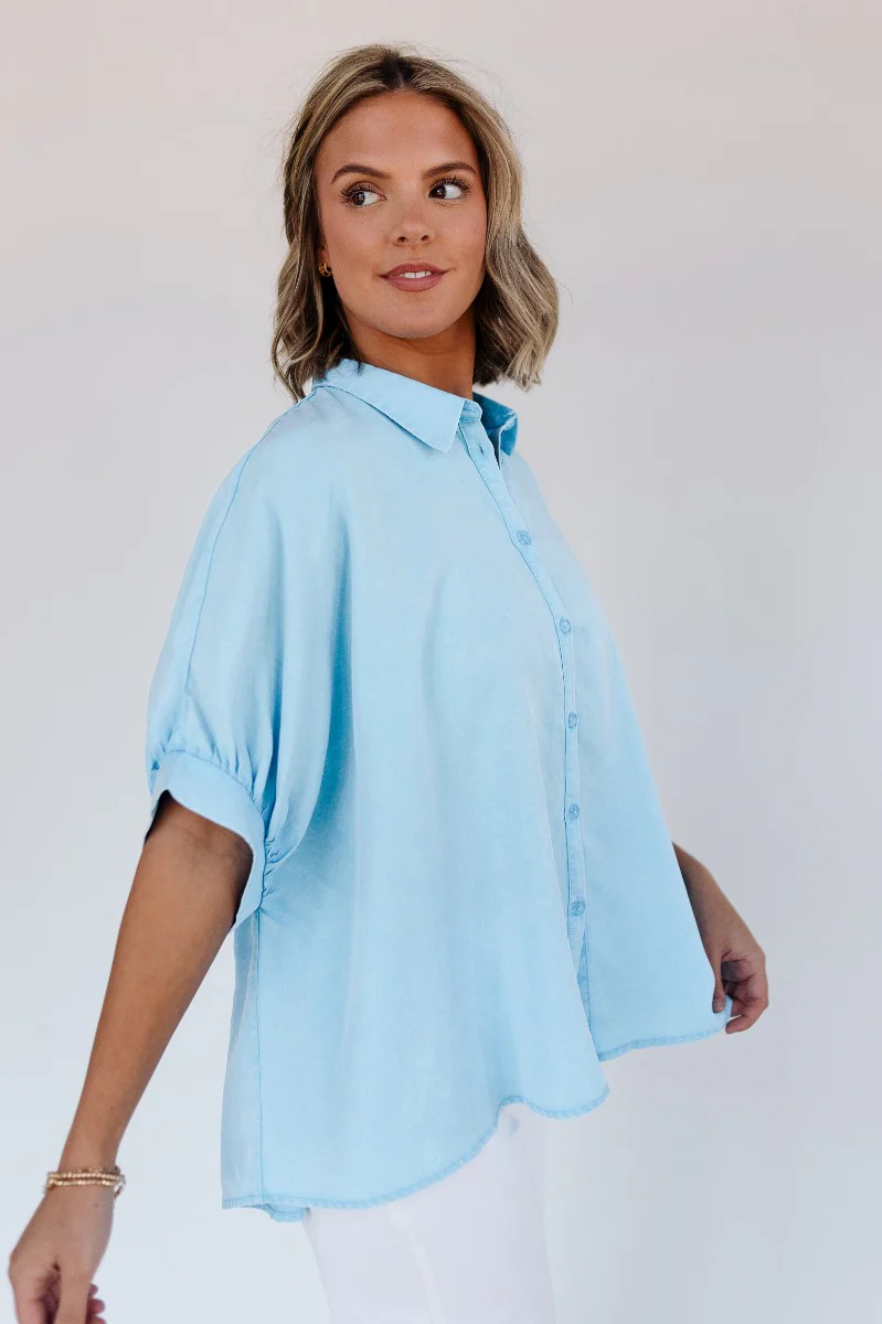 Grace Washed Light Blue Short Sleeve Top