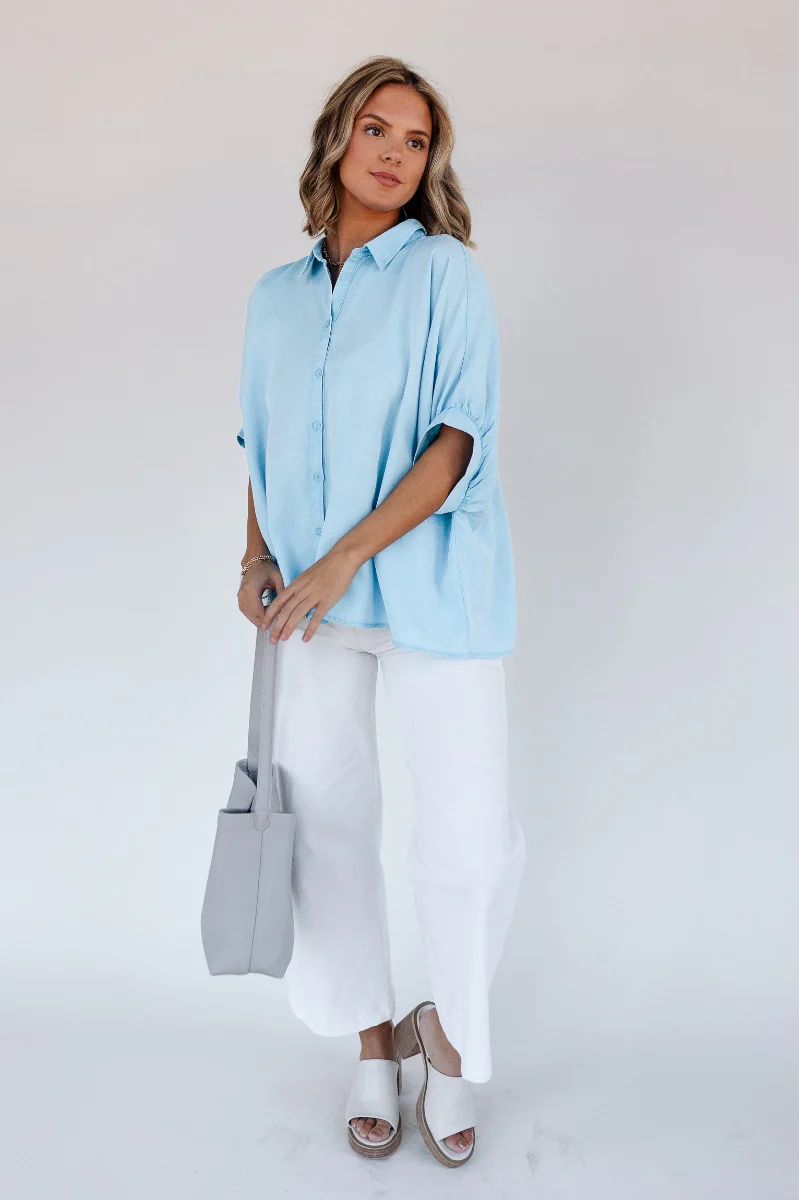 Grace Washed Light Blue Short Sleeve Top - Image 2