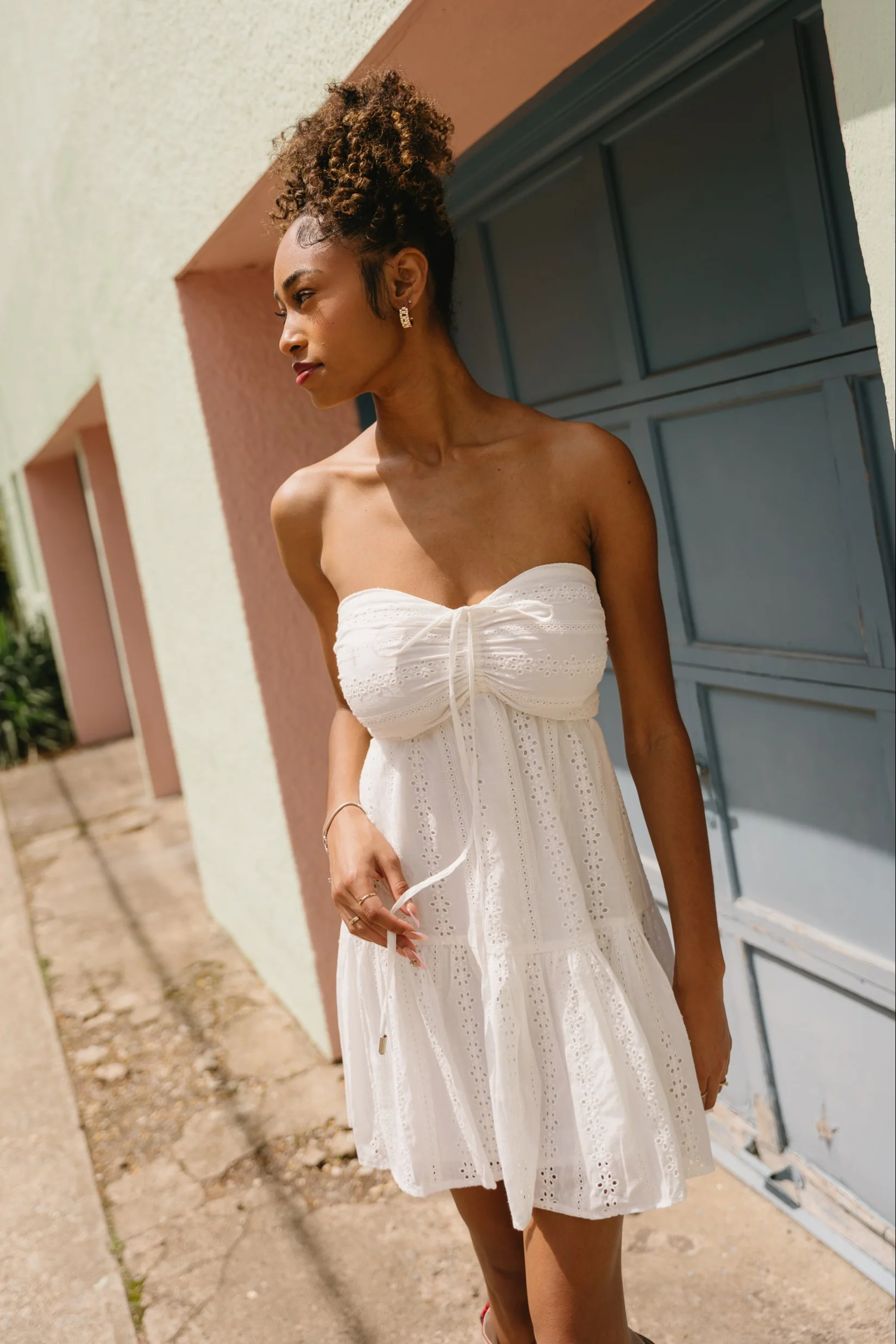 Grace White Eyelet Flare Mini Dress - Image 3