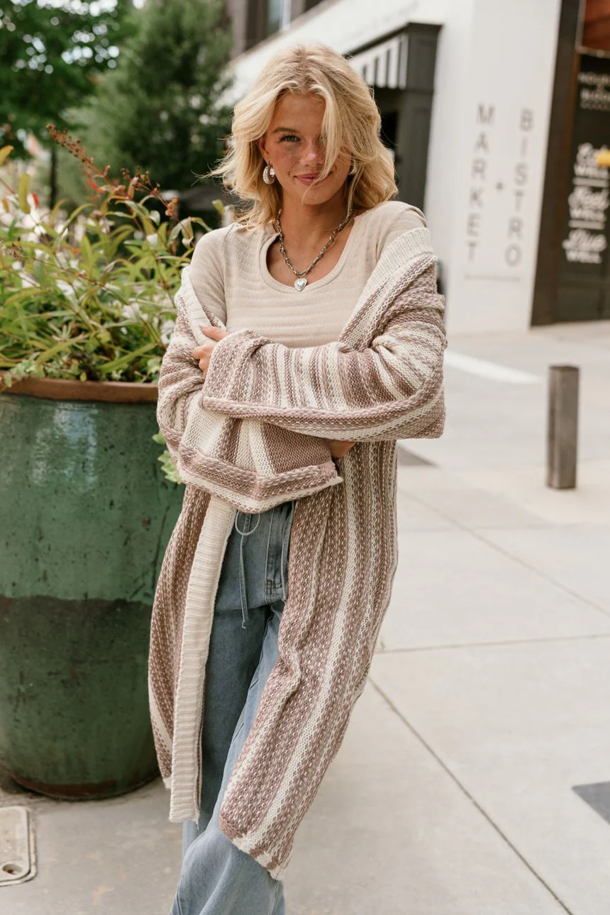 Alexa Cream & Mocha Stripe Knit Cardigan - Image 2