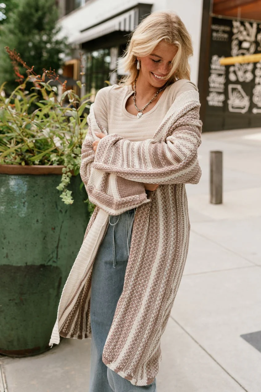 Alexa Cream & Mocha Stripe Knit Cardigan - Image 5