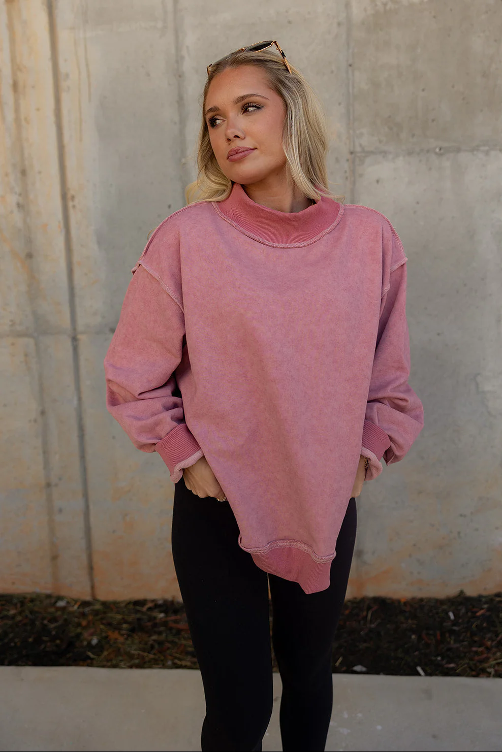 Hadley Mauve Pink Mock Neck Mineral Wash Sweatshirt