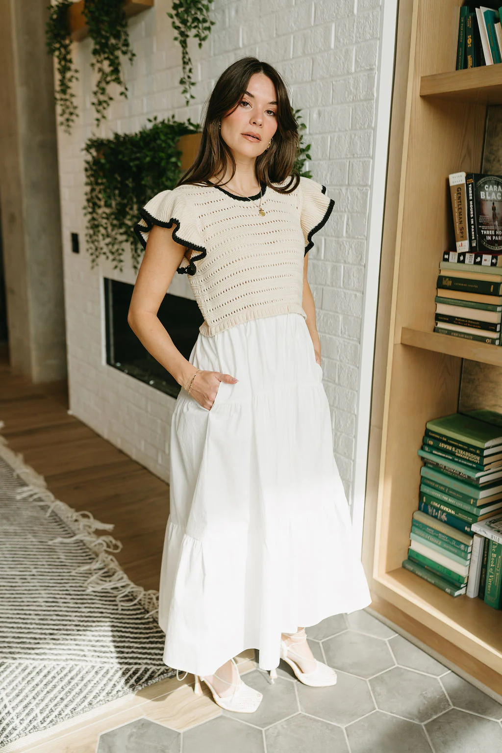 Hadley Taupe & White Midi Dress - Image 2