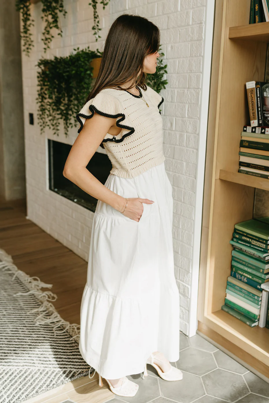 Hadley Taupe & White Midi Dress - Image 7