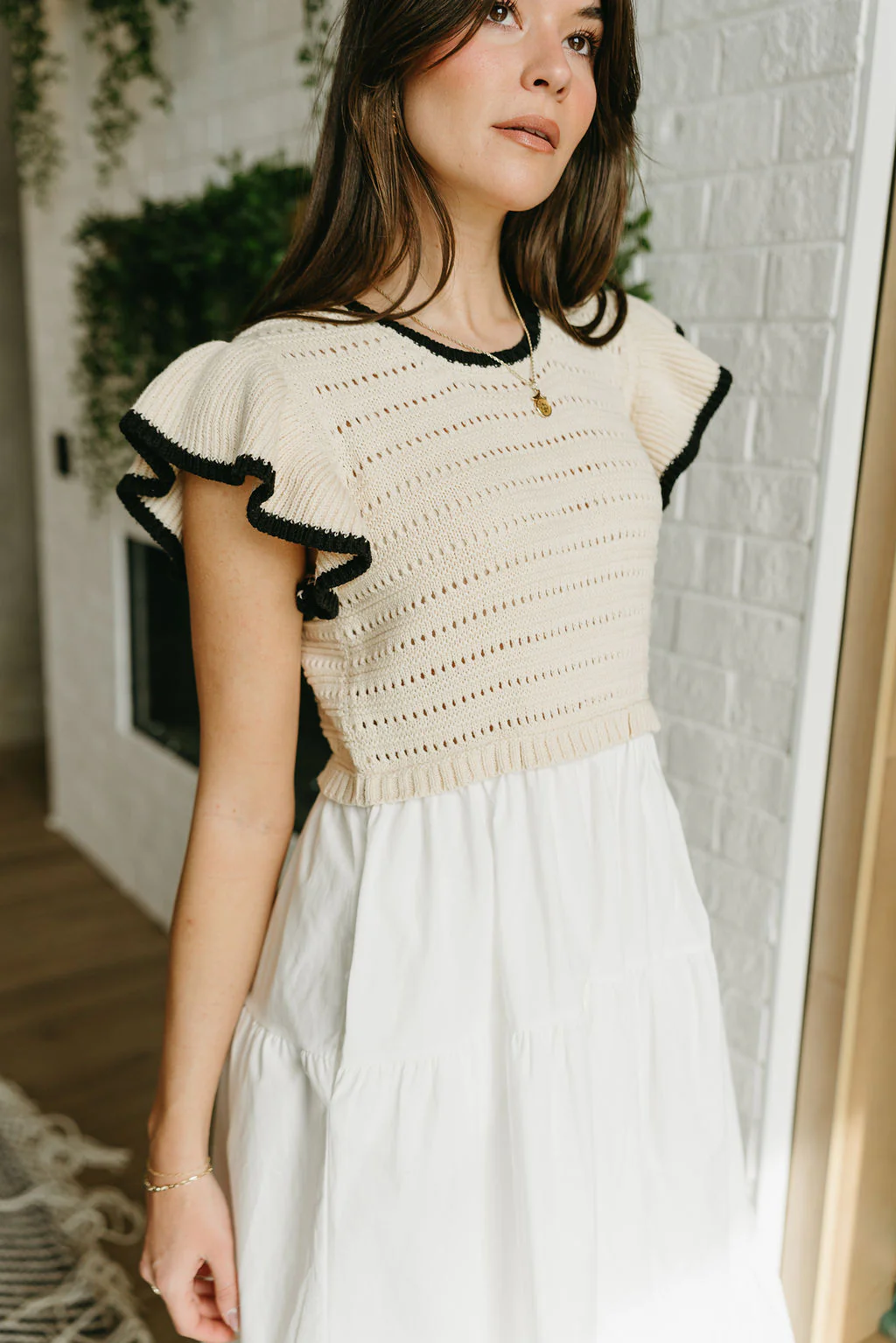 Hadley Taupe & White Midi Dress - Image 8
