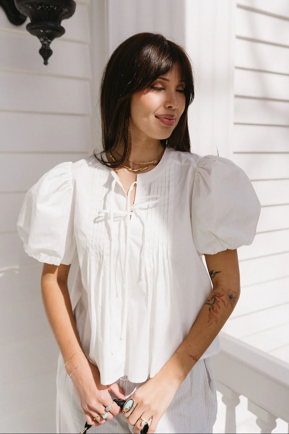 Hadley White Tie-Front Puff Sleeve Top - Image 3