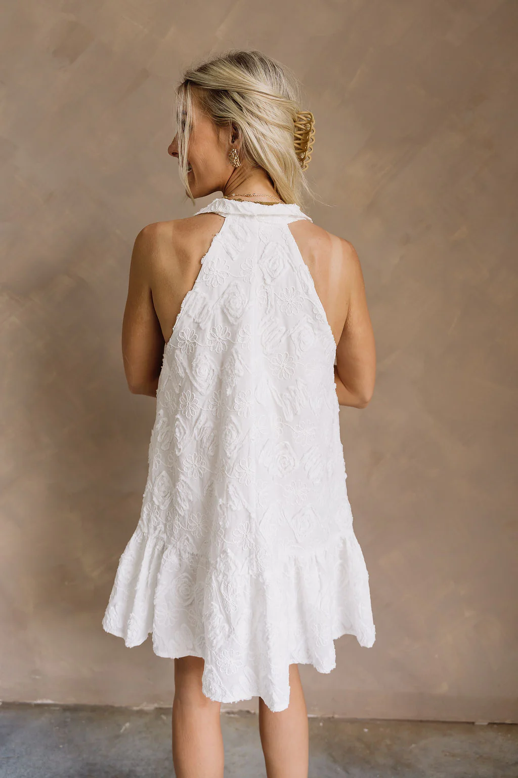 Haisley White Textured Floral Halter Mini Dress - Image 4