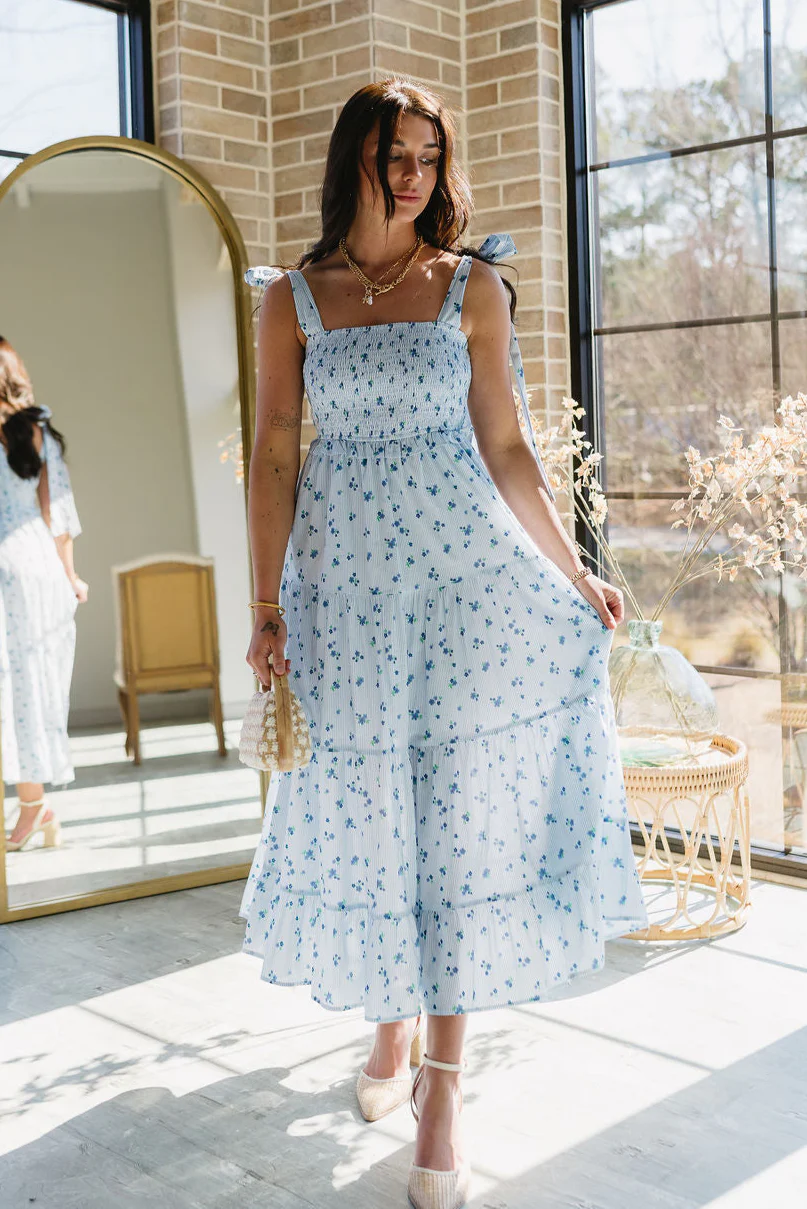 Haley Blue & White Floral Striped Midi Dress - Image 2