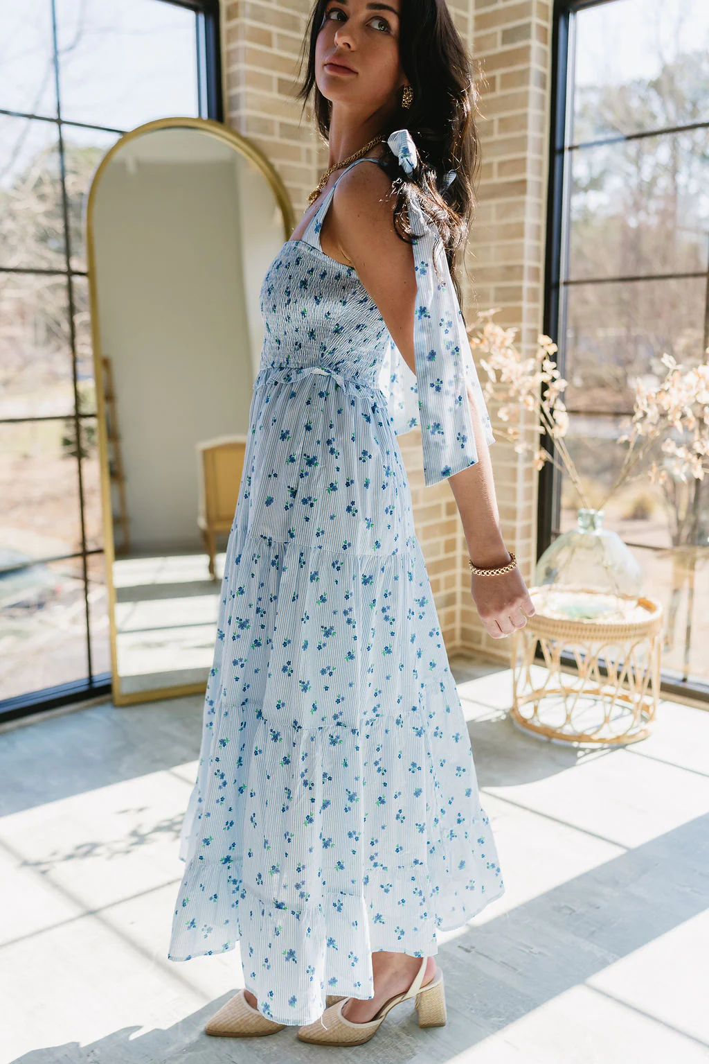 Haley Blue & White Floral Striped Midi Dress - Image 3