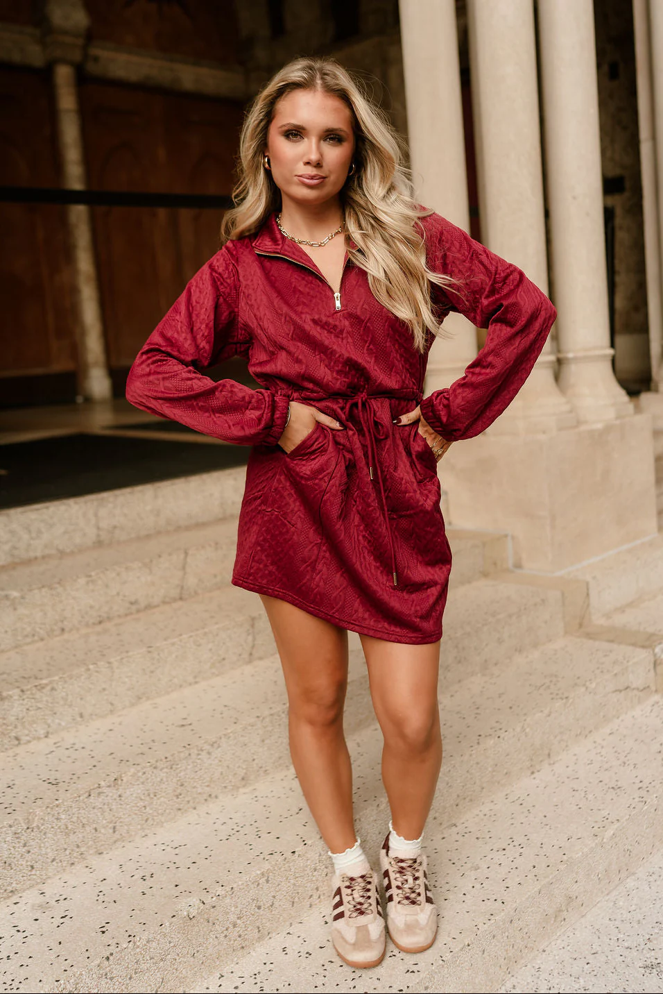 Halley Burgundy Quarter-Zip Mini Dress