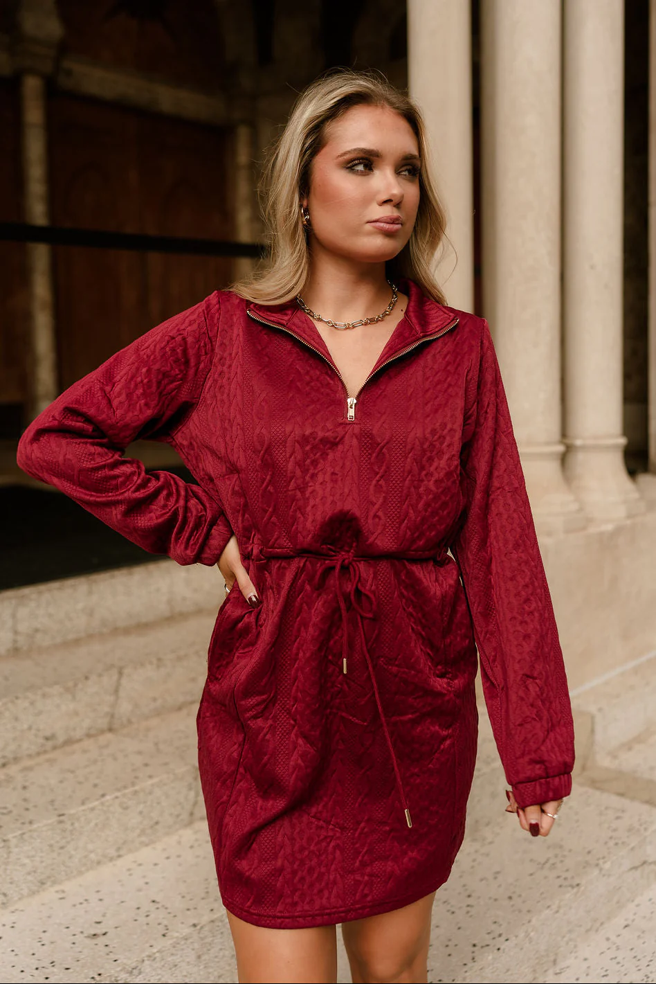 Halley Burgundy Quarter-Zip Mini Dress - Image 2