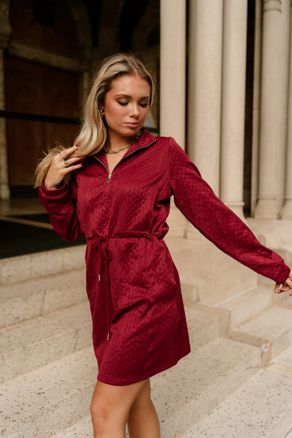 Halley Burgundy Quarter-Zip Mini Dress - Image 5
