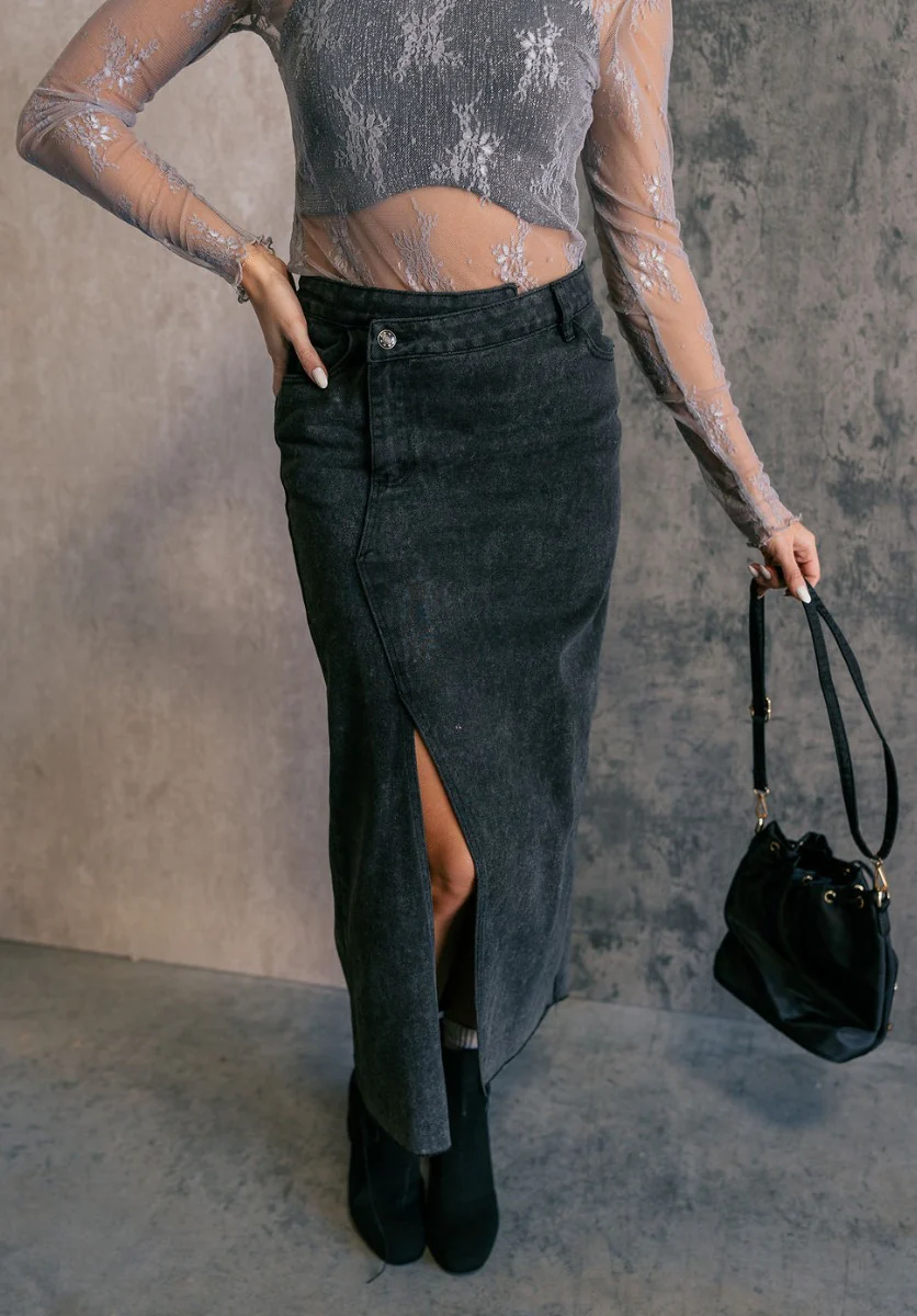Harlow Black Denim Front Slit Midi Skirt - Image 3