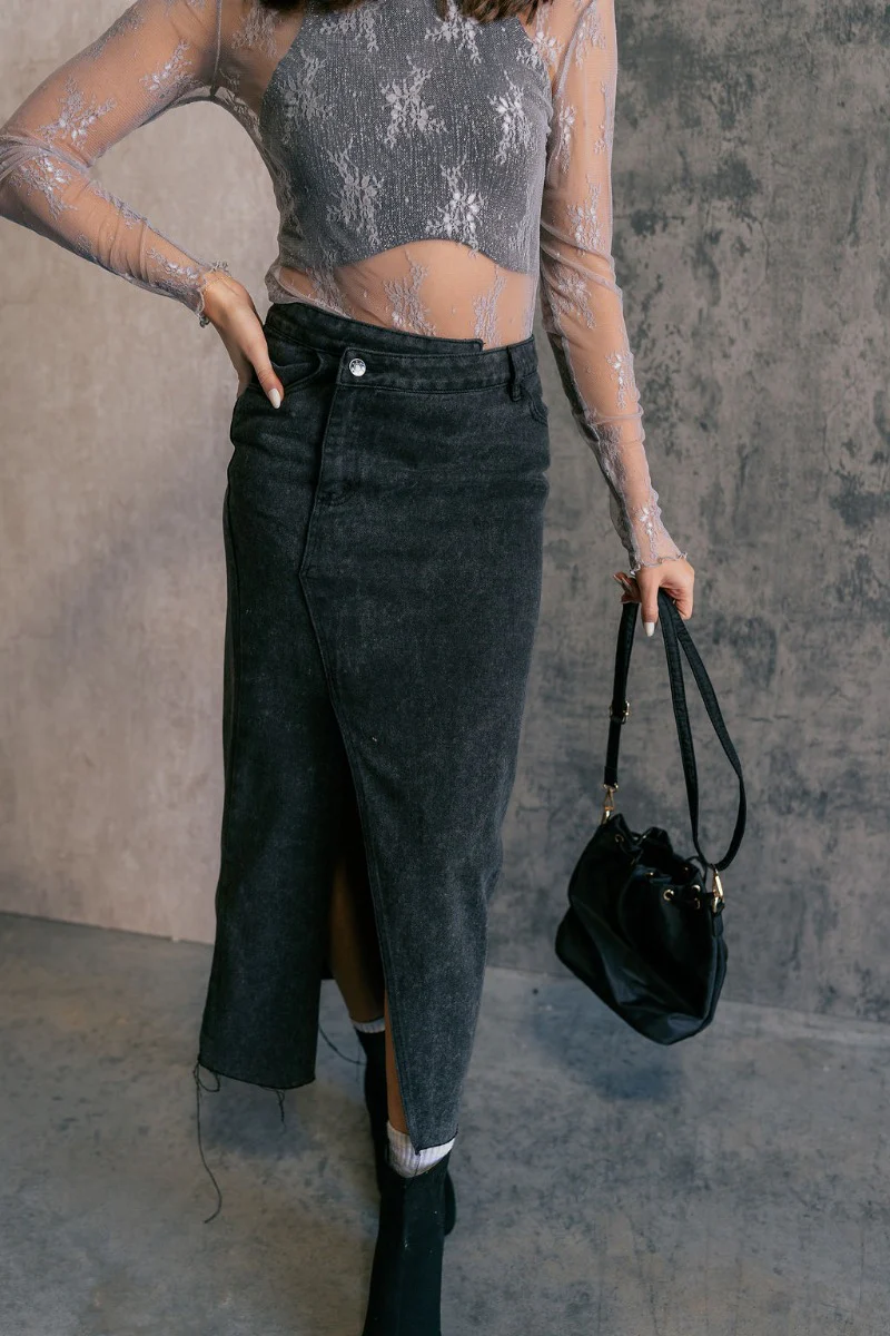 Harlow Black Denim Front Slit Midi Skirt - Image 4