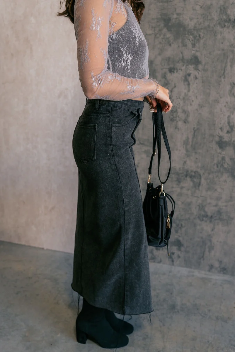 Harlow Black Denim Front Slit Midi Skirt - Image 6