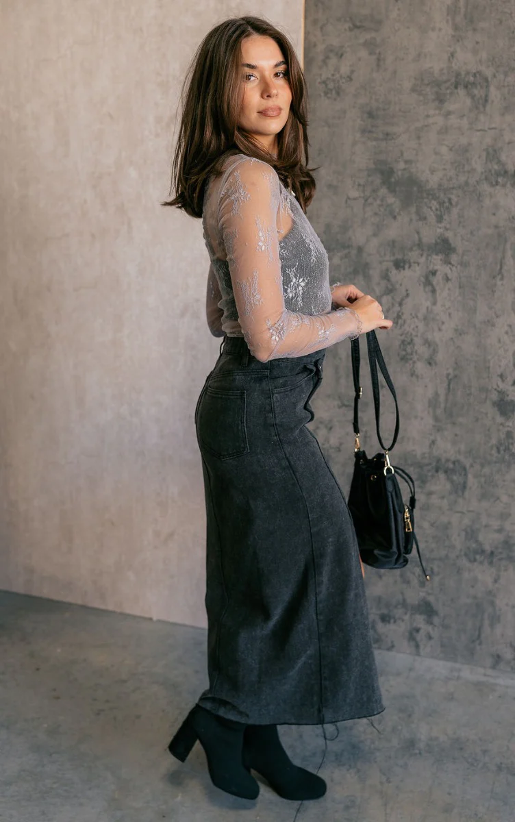 Harlow Black Denim Front Slit Midi Skirt - Image 7