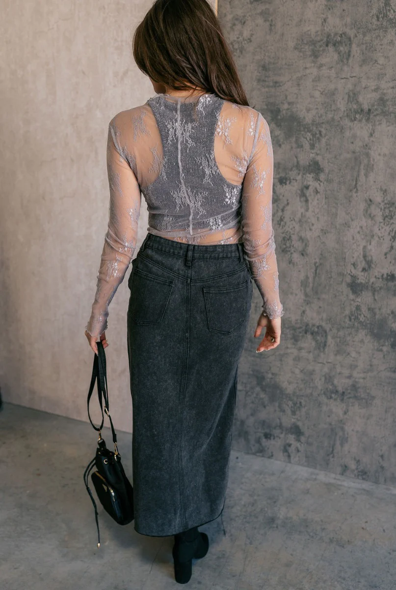 Harlow Black Denim Front Slit Midi Skirt - Image 8