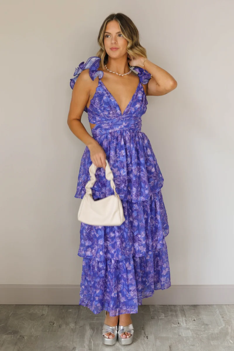 Harlow Blue & Purple Floral Ruffle Midi Dress - Image 2