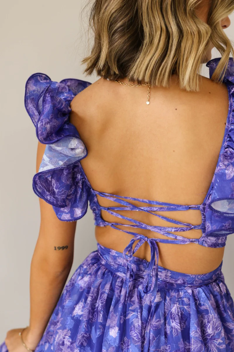 Harlow Blue & Purple Floral Ruffle Midi Dress - Image 9