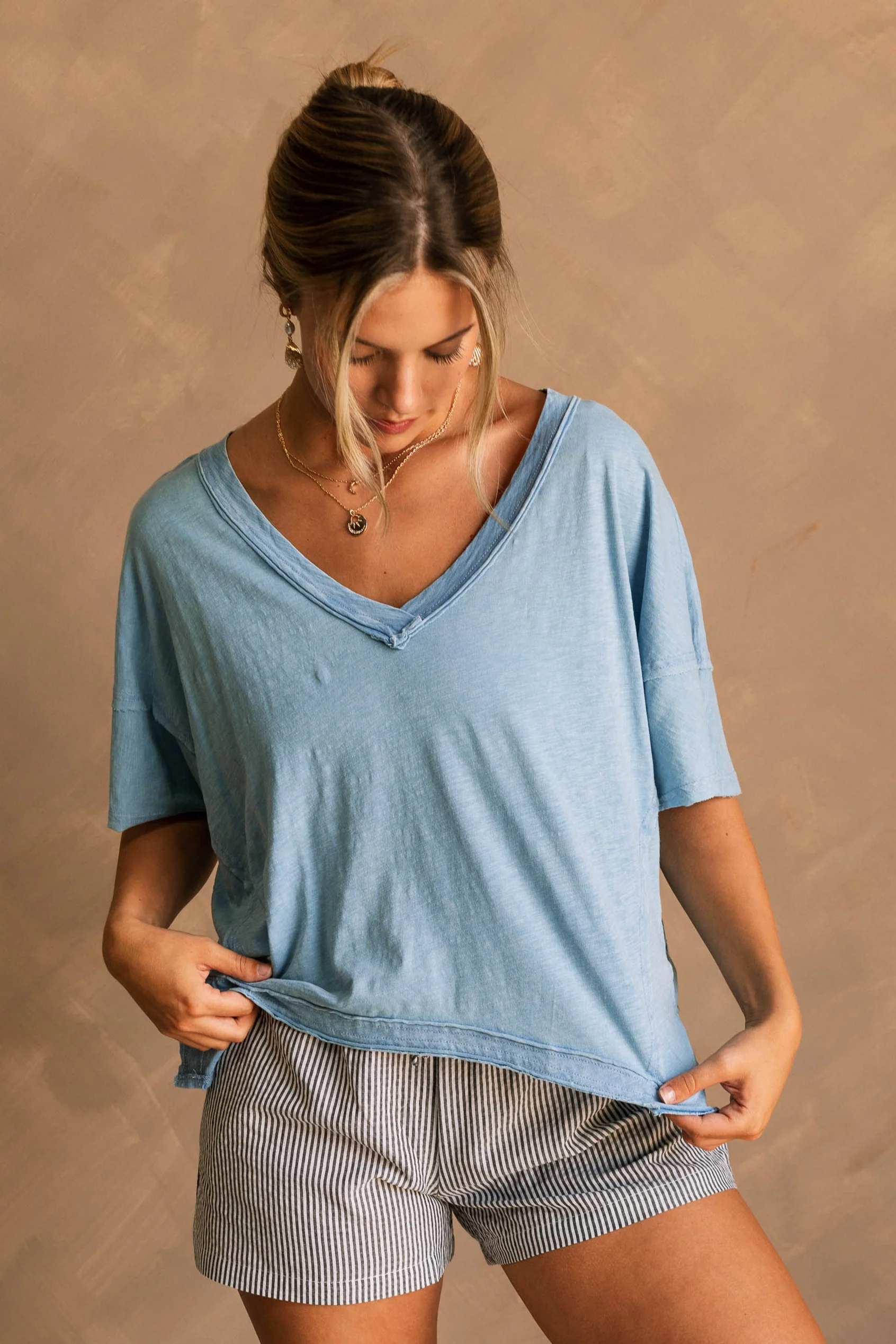 Harlow Blue V-Neckline Short Sleeve Top