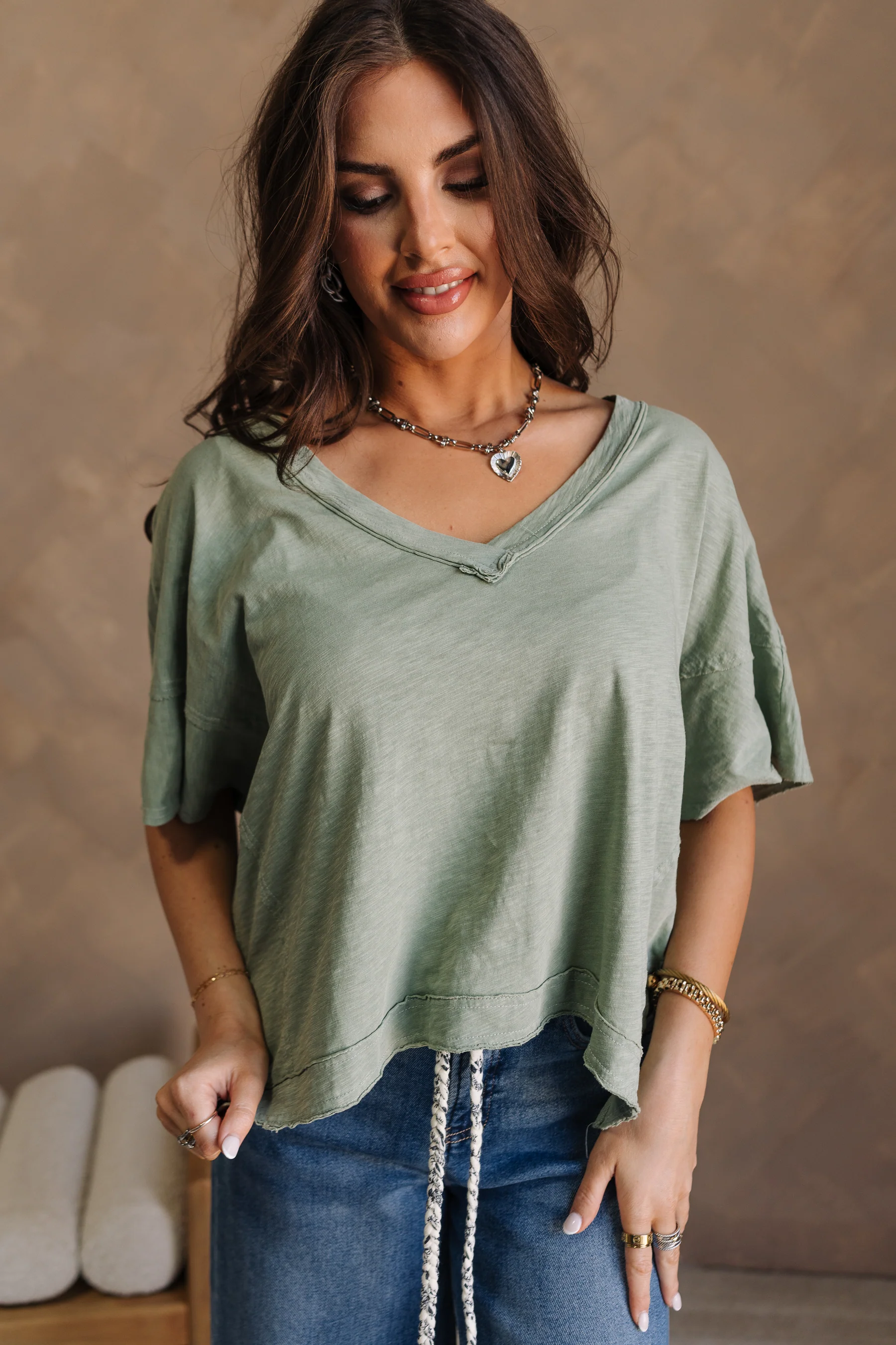Harlow Sage Green V-Neckline Short Sleeve Top